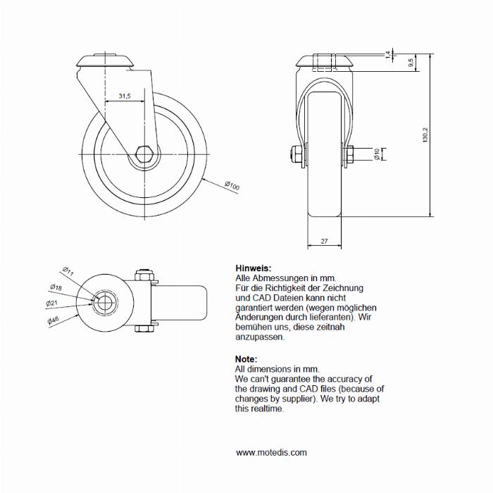 Roues articulées 100 trou de boulon unique, sans frein, avec une capacité de charge de 56kg