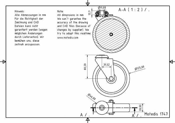 Roues articulées 125 trou de boulon unique , sans frein