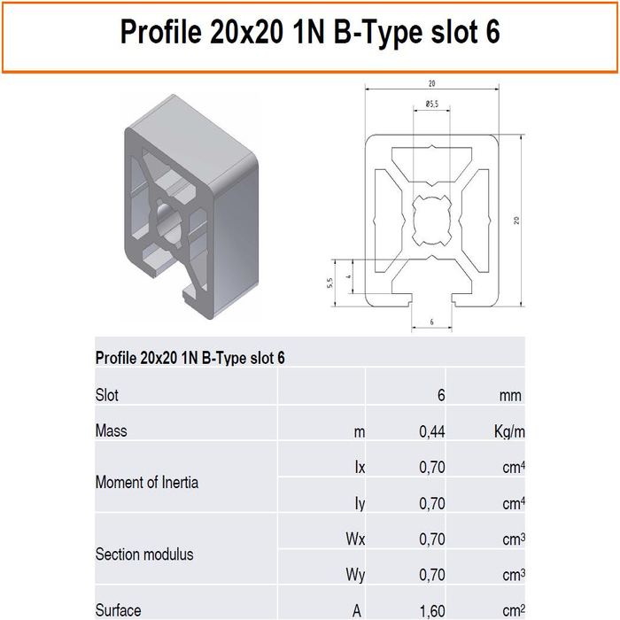 Aluminium profiel 20x20 1N B-type sleuf 6