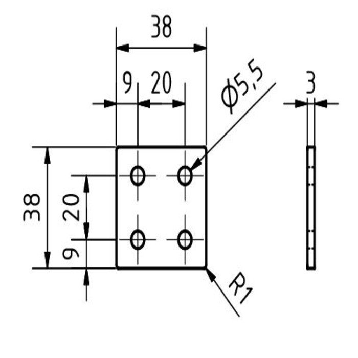 Vierkante connector plaat 38x38x3, Lasercut