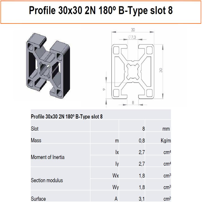 Profile 30x30 2N180° B-Type slot 8