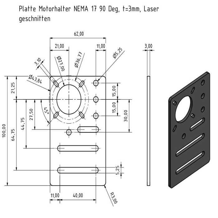 Plaat motorsteun NEMA 17 90 Deg, Laser gesneden, t=3mm