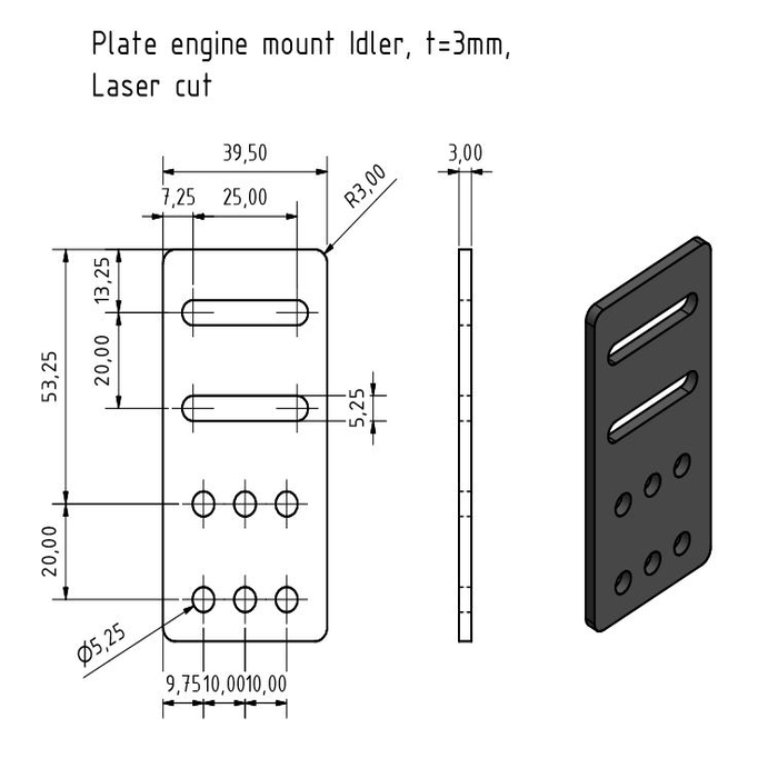 Plaat engine mount Idler, 39x82x3, t=3mm, Laser cut