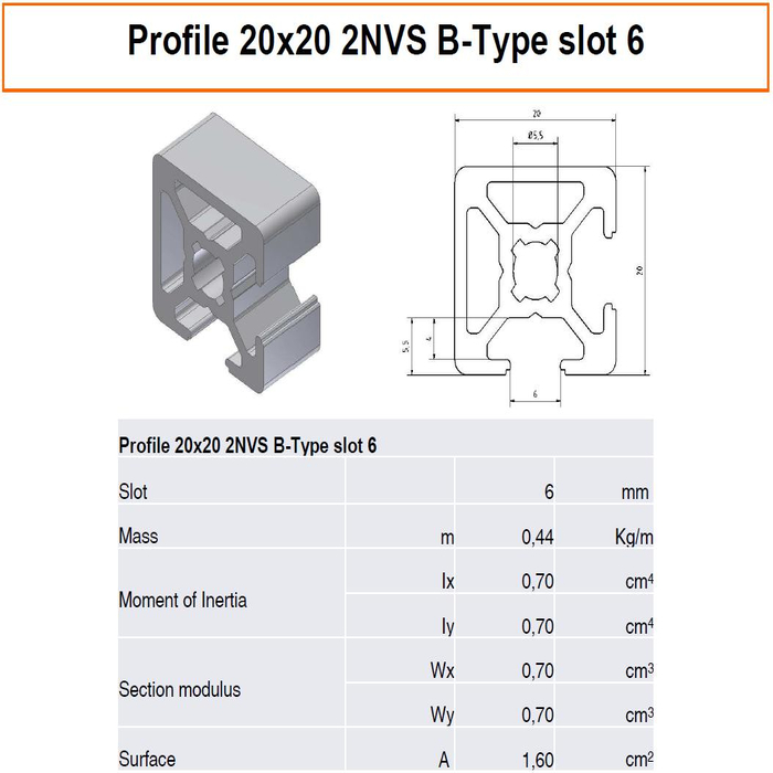 Profile 20x20 2NVS B-type slot 6