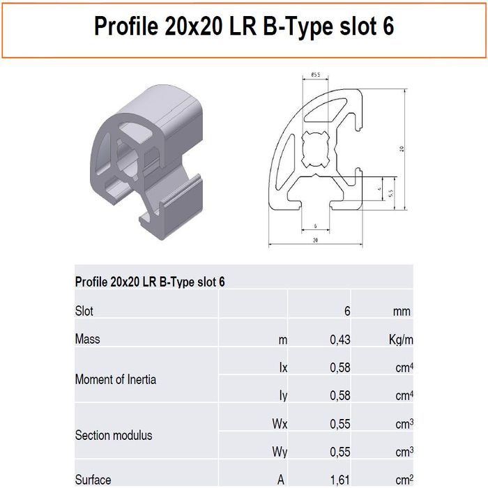 Aluminium profiel 20x20 LR B-type sleuf 6