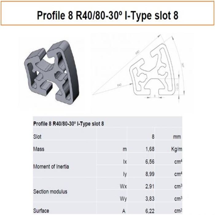 Aluminium profiel 8 R40/80-30 ° I-type sleuf 8