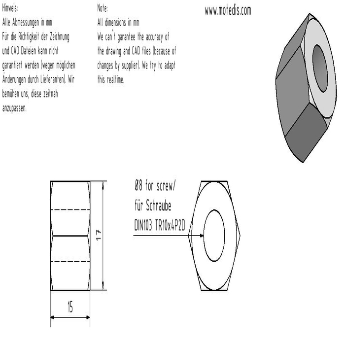 Trapézoïdale écrou ESKM TR10x2 droite hexagonal acier