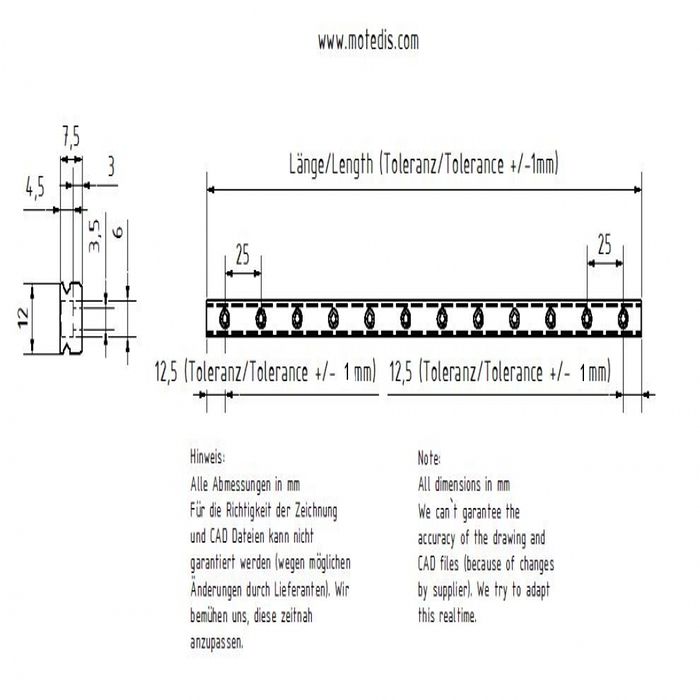 RVS lineaire geleiderail Miniatuur MR12M-N, L = 400mm